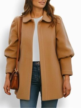 TULEH Wool Camel Luxury Designer Pea Coat Tan Jacket w Puff Sleeves & Cuffs